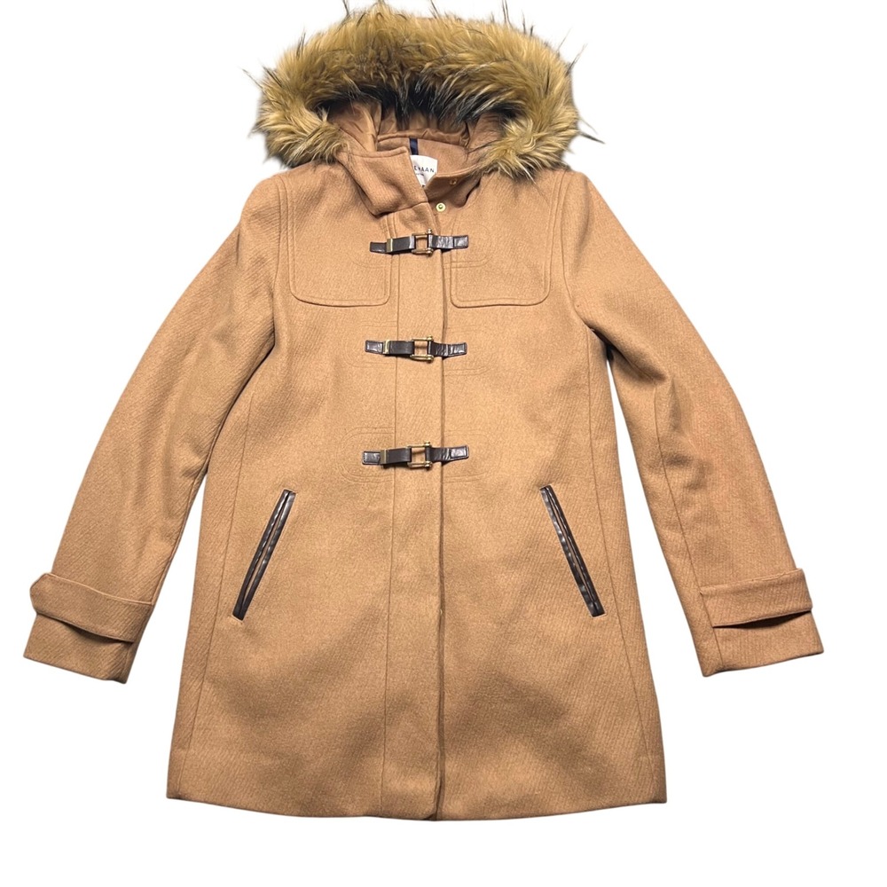 Cole Haan Signature Womens Camel Wool Blend Faux Fur Hood Toggle Coat Duffel 6 M - Picture 2 of 9